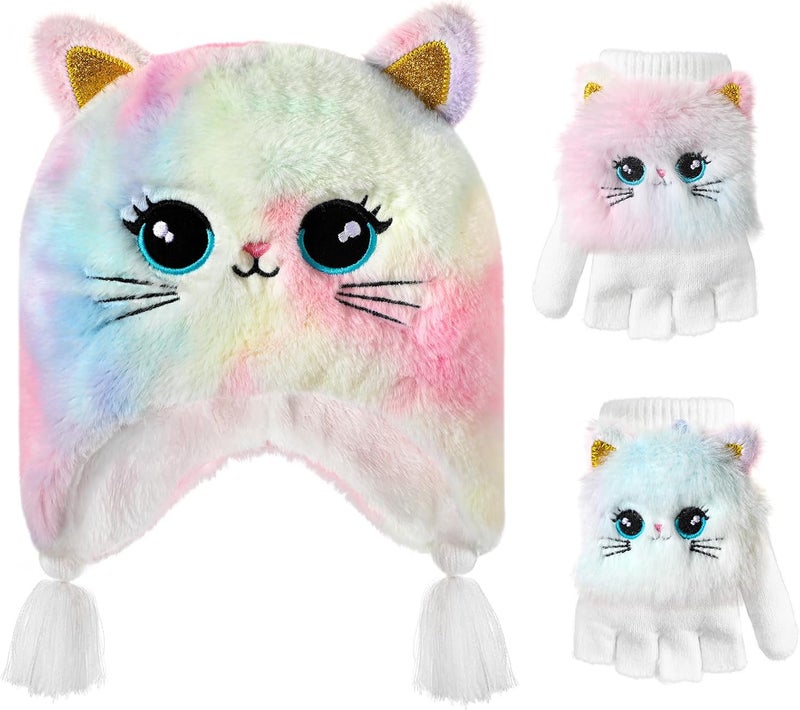 Hifot Girls Hat and Gloves Set, Winter Hats and Gloves for Kids, Fluffy Earflap Cat Beanie with Winter Mitten for Kids - Image 1